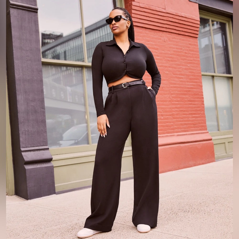 Favorite Daughter Black Long-Sleeve Cropped Jumpsuit with Wide-Leg Trousers